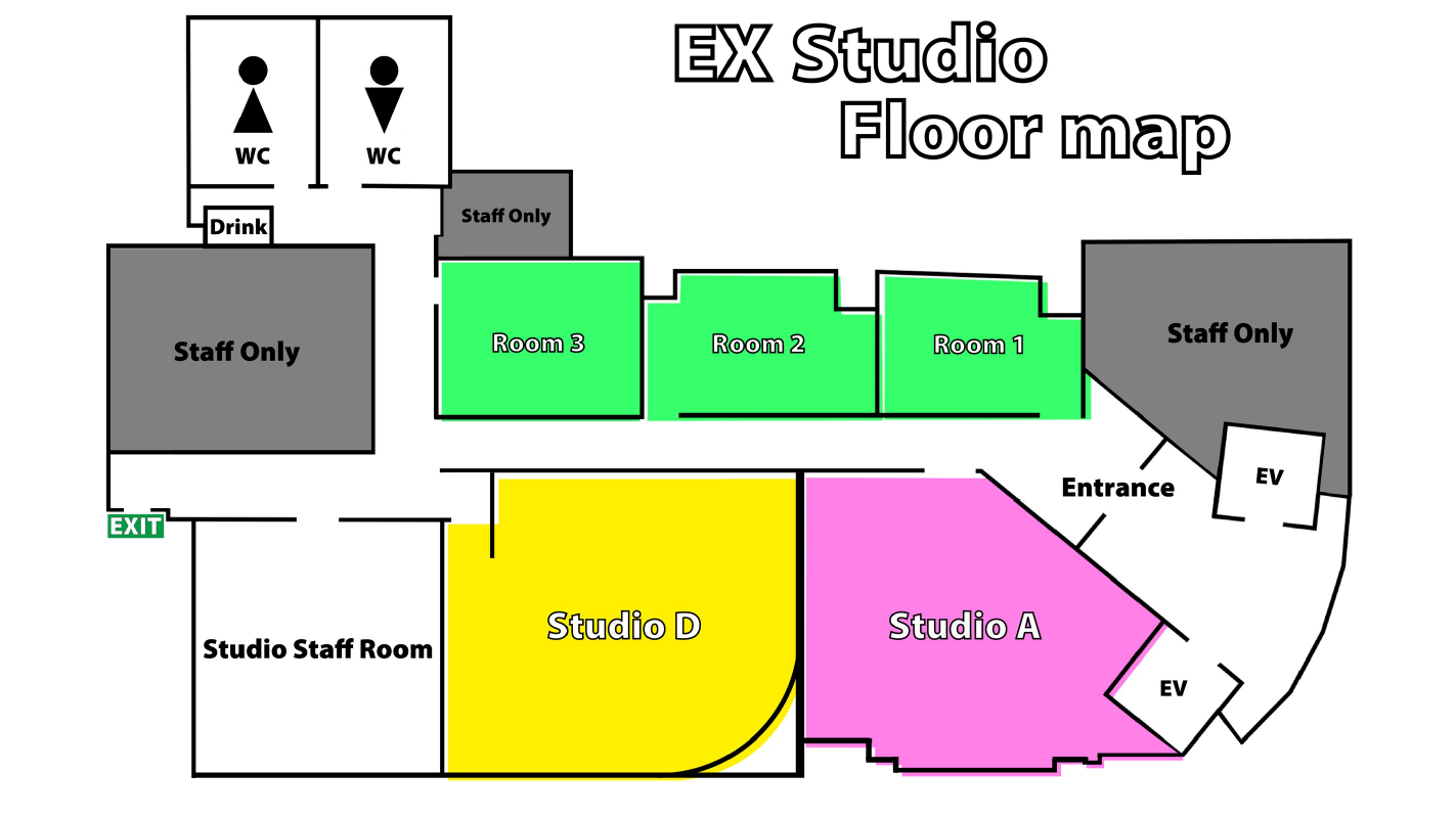 フロアマップの画像 - 貸切も可能となっております。 - グリーンバックスタジオ／ライブ配信は東京・都内「EXスタジオ麹町」